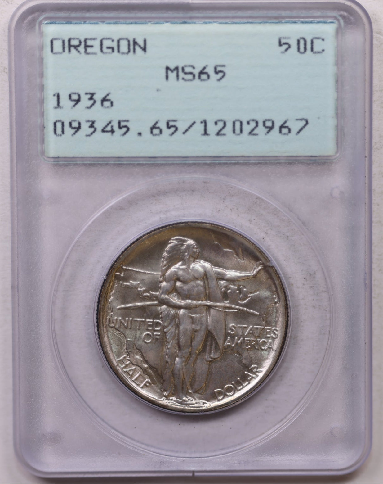 1936 Oregon Silver Commemorative Half Dollar, PCGS Rattler MS-65, #GEC0062.