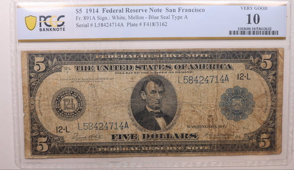 1914 $5, Federal Reserve Note, 'Cleveland', PMG VG-10, Store SALE #FRB115.
