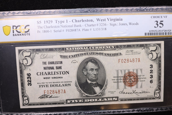 1929 $5 Charleston, W.V. National Currency Note., PCGS Graded VF-35. Store #30056