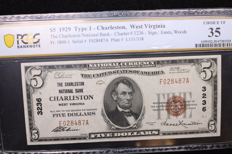 1929 $5 Charleston, W.V. National Currency Note., PCGS Graded VF-35. Store