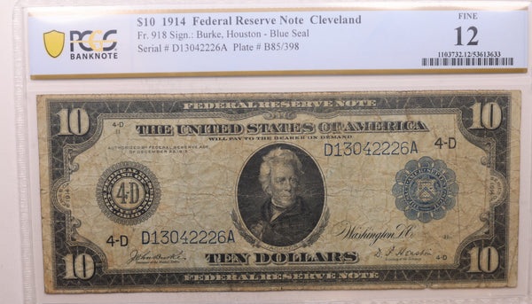 1914 $10, Federal Reserve Note, 'Cleveland', PMG Fine-12, Store SALE #FRB116.