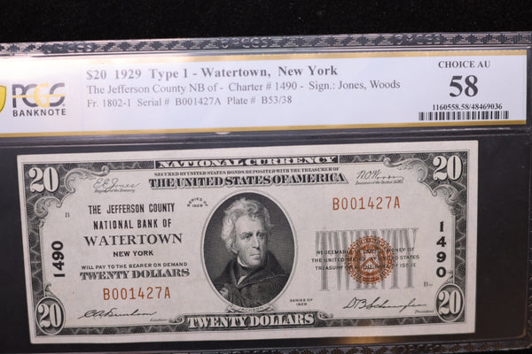 1929 $20, Watertown, N.Y., National Currency Note., PCGS Graded AU-58. Store #SGNB009