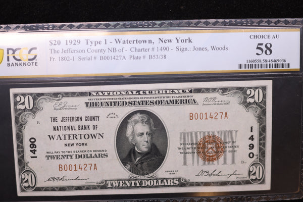 1929 $20, Watertown, N.Y., National Currency Note., PCGS Graded AU-58. Store #30058