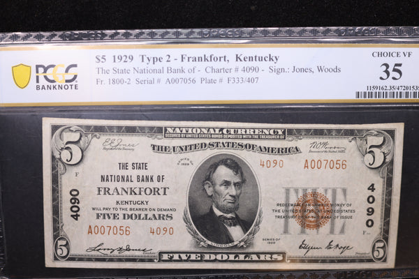 1929 $5, Frankfort, KY., National Currency Note., PCGS Graded AU-58. Store #30059
