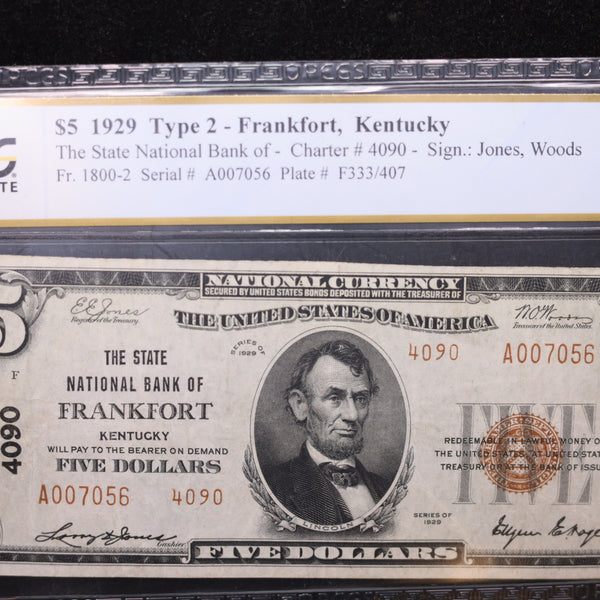 1929 $5, Frankfort, KY., National Currency Note., PCGS Graded AU-58. S