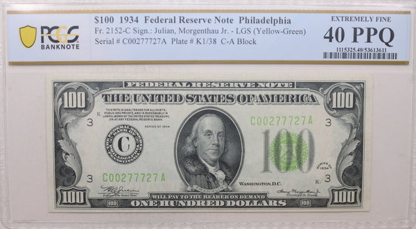 1934 $100, Federal Reserve Note, 'Philadelphia', PCGS XF-40, PPQ, Store #FRB119.