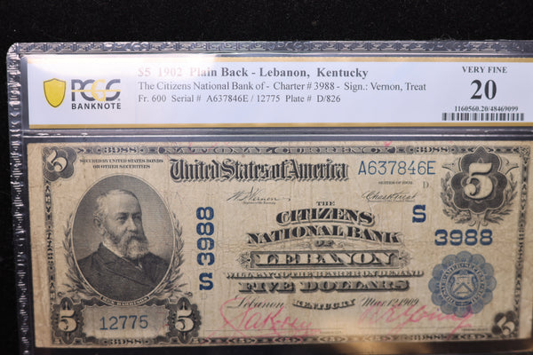 1902 $5, Lebanon, KY., National Currency Note., PCGS Graded VF-20. Store #30061