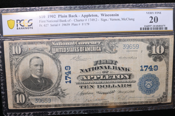 1902 $10, Appleton, WI., National Currency Note., PCGS Graded VF-20. Store #30062