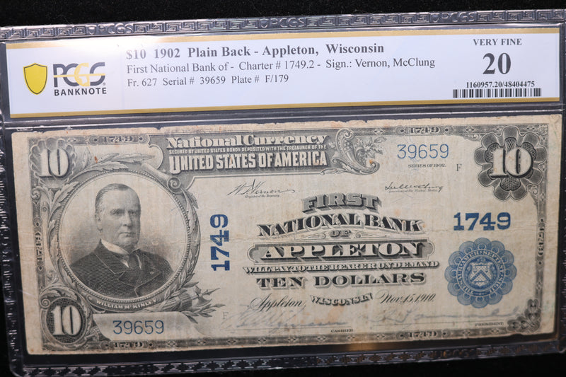 1902 $10, Appleton, WI., National Currency Note., PCGS Graded VF-20. Store