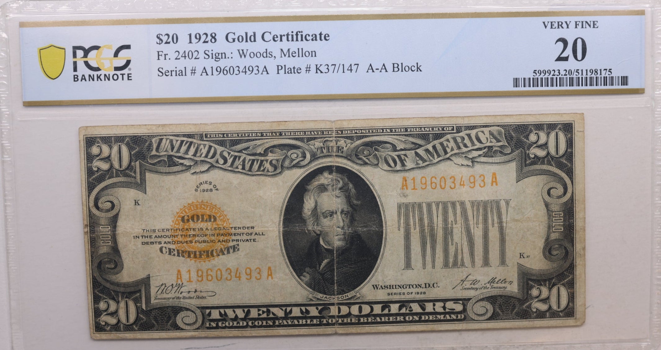 1928 $20 Gold Certificate, PCGS Graded VF-20, Fr# 2402, Store Sale #GCE015.