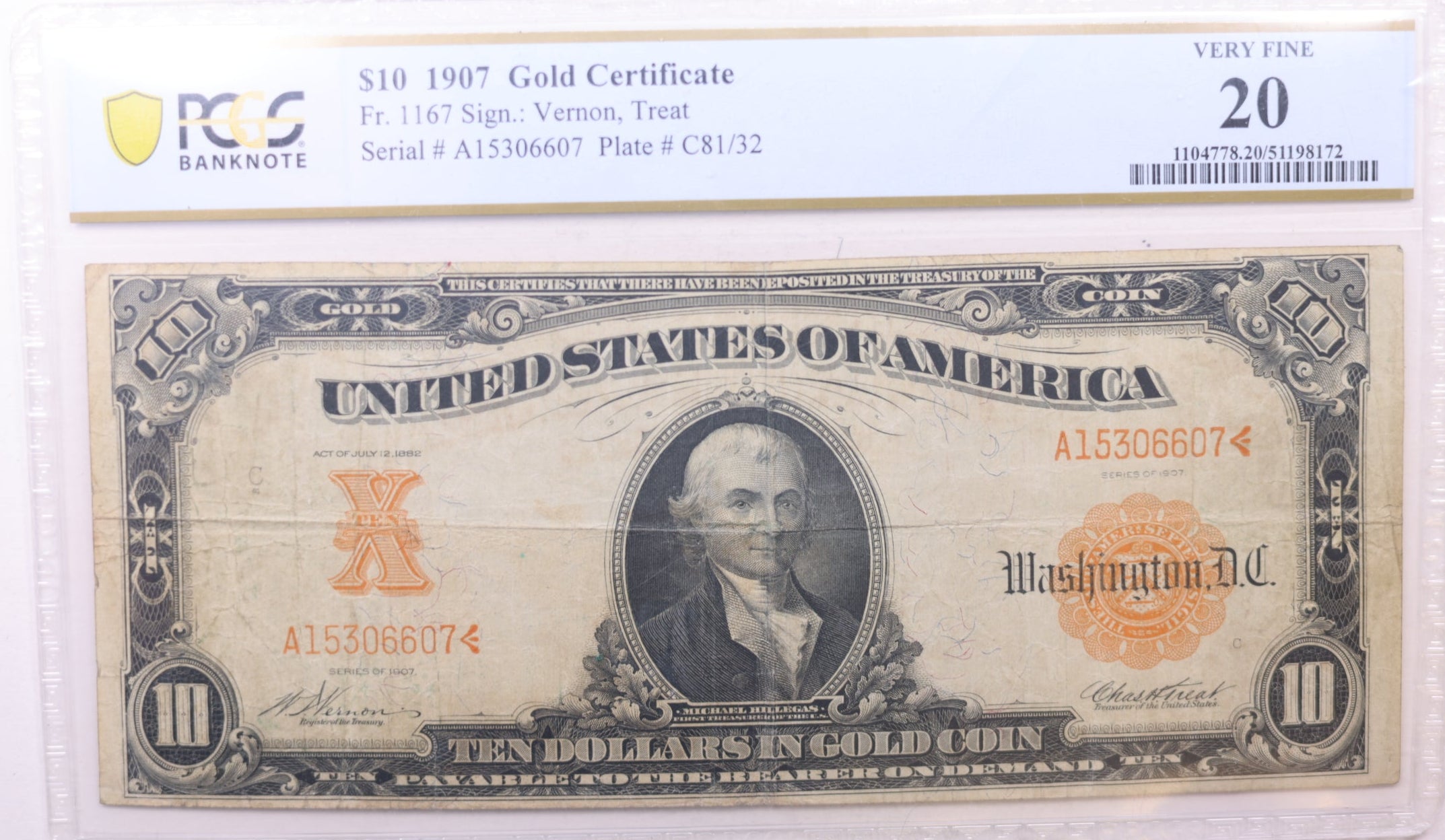 1907 $10 Gold Certificate, PCGS Graded VF-20, Fr# 1167, Store Sale #GCE016.
