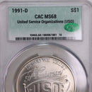 1991-D., U.S.O., Silver Commemorative., CAC MS68., Store GMC050
