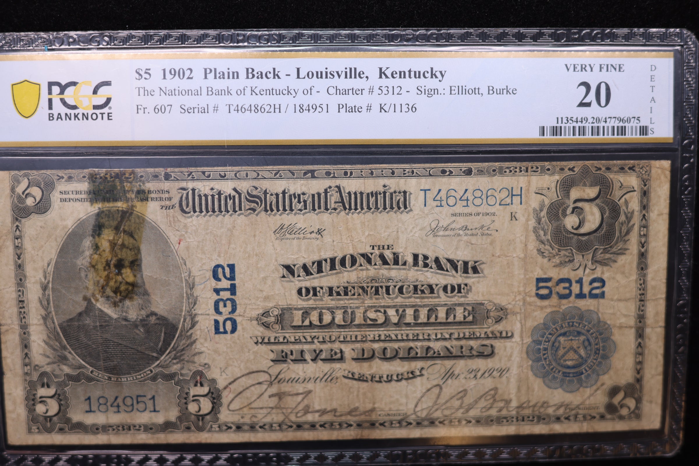 1902 $5, Louisville, KY., National Currency Note., PCGS Graded VF-20. Store #LGNB010