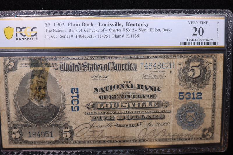 1902 $5, Louisville, KY., National Currency Note., PCGS Graded VF-20. Store