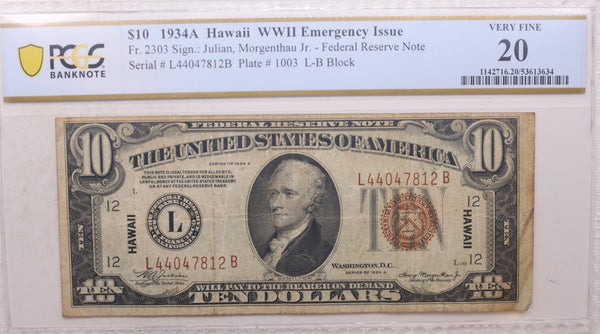1934A $10, Silver Certificate, "HAWAII", PCGS VF-20, Store Sale #SSC019.