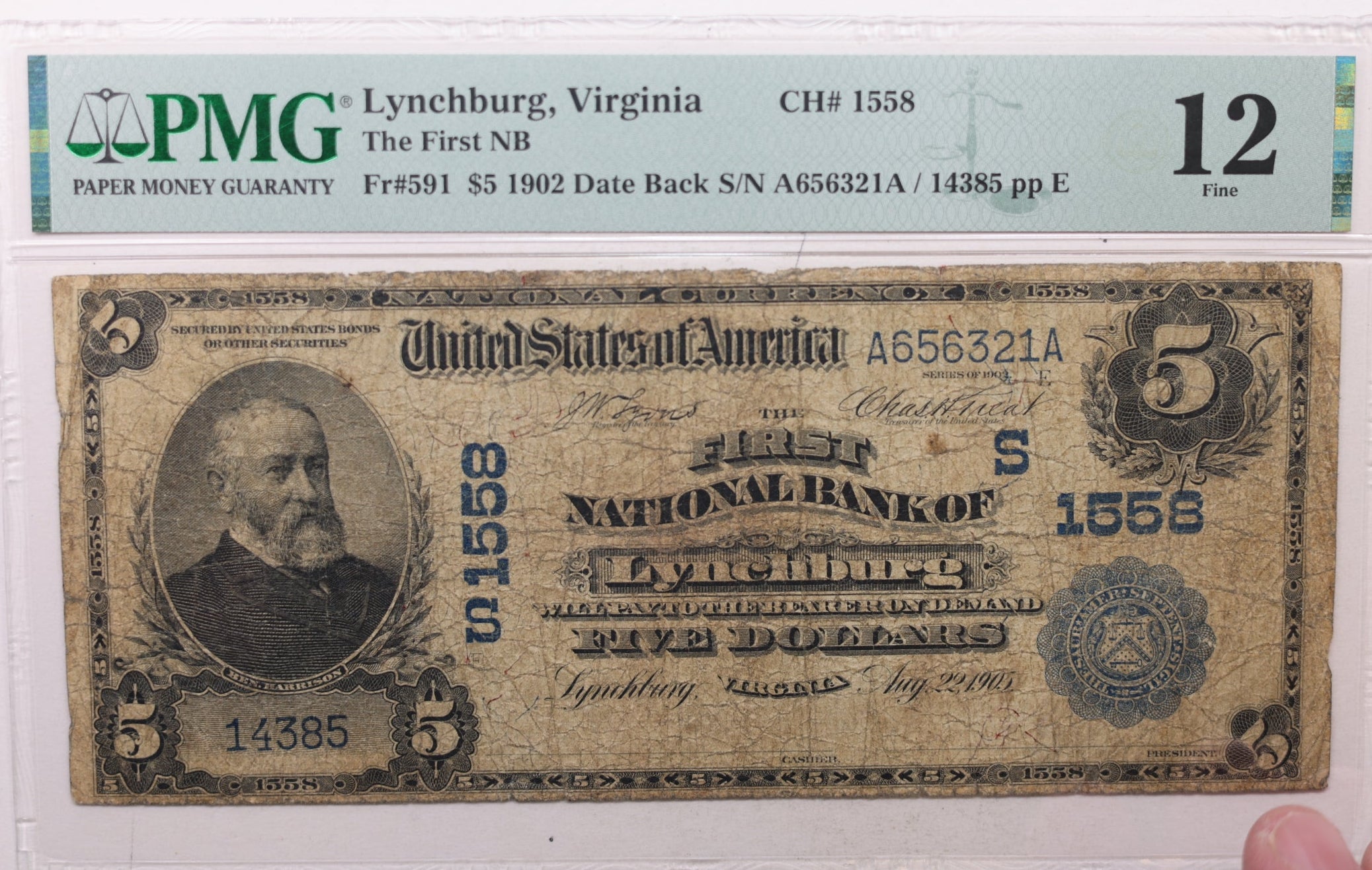 1902 $5, Date Back, Lynchburg, VA. CH#1558, PMG Fine-12, Store #NBN014.