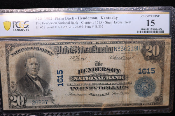 1902 $20, HENDERSON, KY., National Currency Note., PCGS Graded F-15. Store #30066