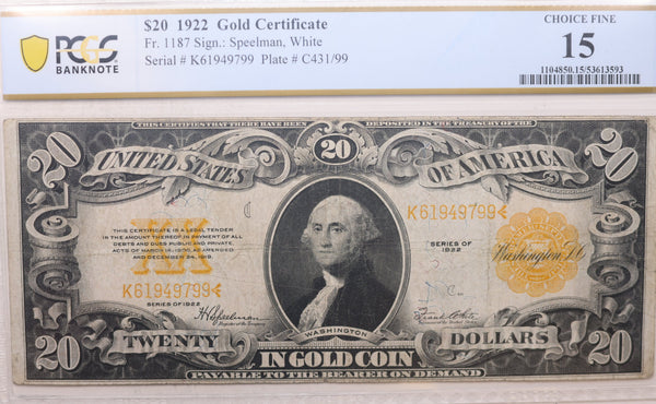 1922 $20, Gold Certificate, Fr# 1187, PCGS Graded Fine-15, Store Sale #GCE011.