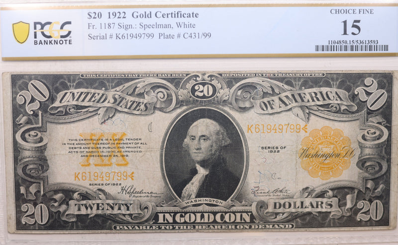 1922 $20, Gold Certificate, Fr# 1187, PCGS Graded Fine-15, Store Sale #GCE011.