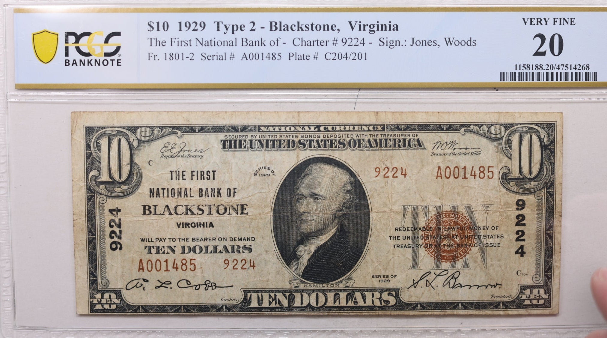 1929 $10 Blackstone, VA Type-2, Ch# 9224, PCGS VF-20, Store #NBN026.
