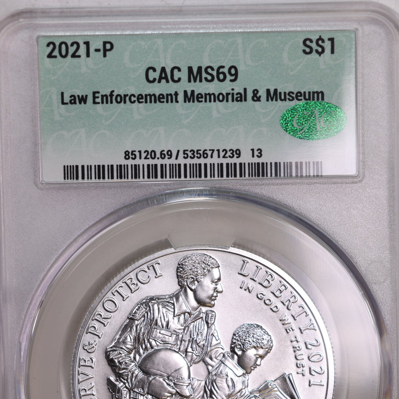 2021-P, Law Enforcement Memorial., Silver Commemorative., CAC MS69., Store GMC053