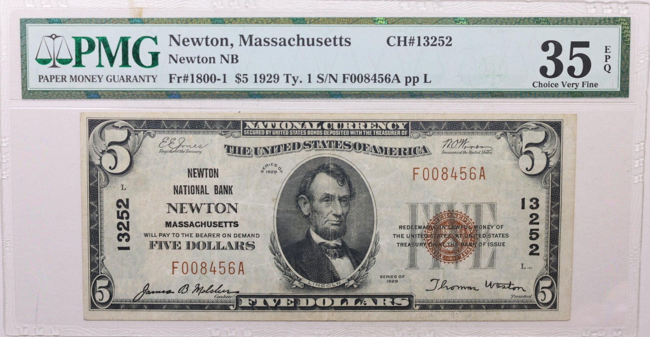 1929 $5 Newton, Massachusetts, CH# 13252, PMG VF-20, EPQ, Store #NBN028.