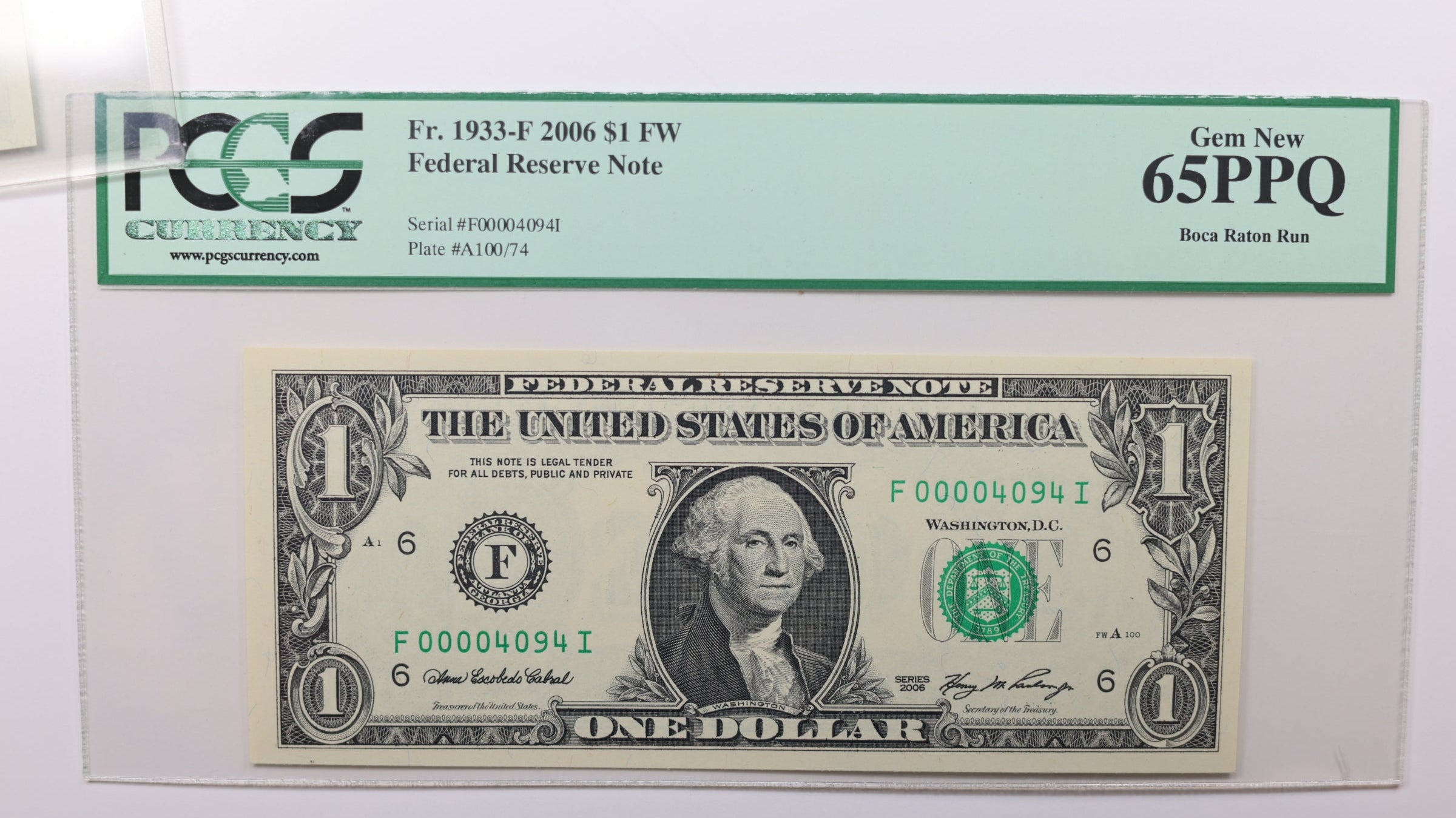 2006 $1 Federal Reserve Note, Low Serial Number, PCGS CU-65, PPQ, Store #GFRB100.