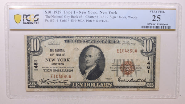 1929 $10, New York, N.Y, Charter #1461, PCGS VF-25,  Store #NBN024.
