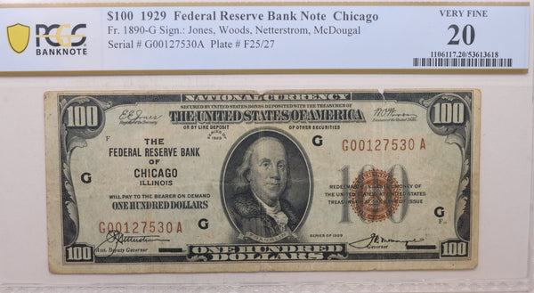 1929 $100, Federal Reserve Bank Note, 'Chicago', PCGS VF-20, Store #GFRB099.