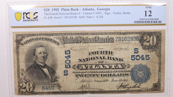 1902 $20, Atlanta GA, National Bank Note, Charter #5045, PCGS F-12,  Store #NBN026.