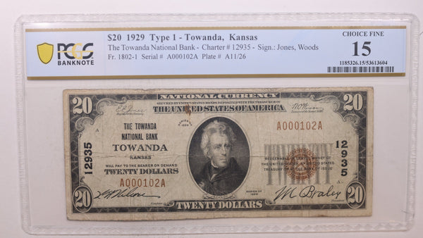 1929 $20, Towanda, KS, CH# 12935, National Bank Note, PCGS Fine-15,  Store #NBN029.