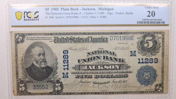 1902 $5, Jackson, MI, CH# 11289, National Bank Note, PCGS VF-20,  Store #NBN030.