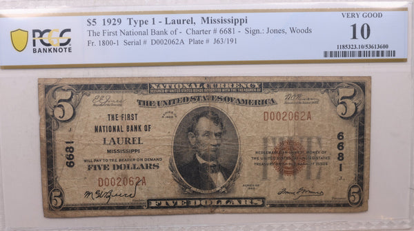 1929 $5, Laurel, MS, CH# 6681, National Bank Note, PCGS VG-10,  Store #NBN031.