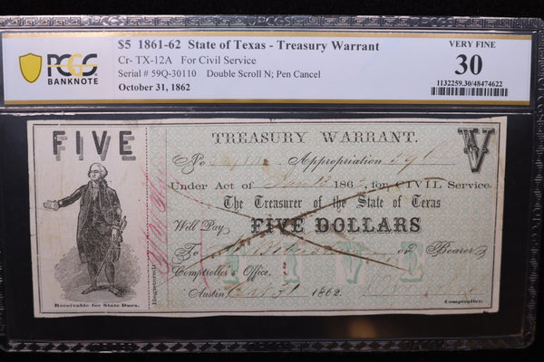 1861-62 $5, State of Texas., Obsolete Currency, PCGS Graded: VF-30.,  Store #30084