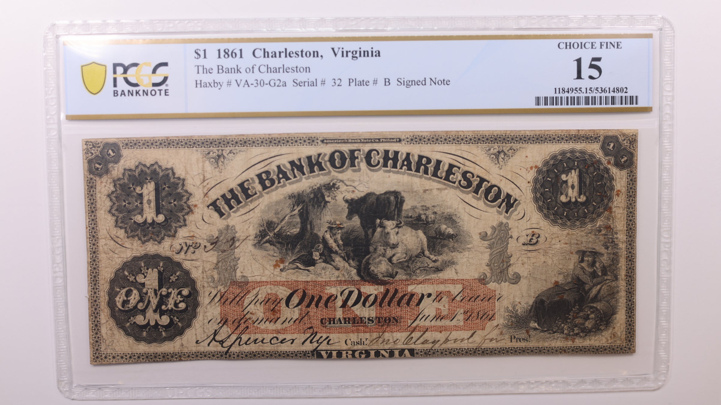 1861 $1, Charleston Virginia, Obsolete Currency, PCGS Fine-15, Store #GVA025.