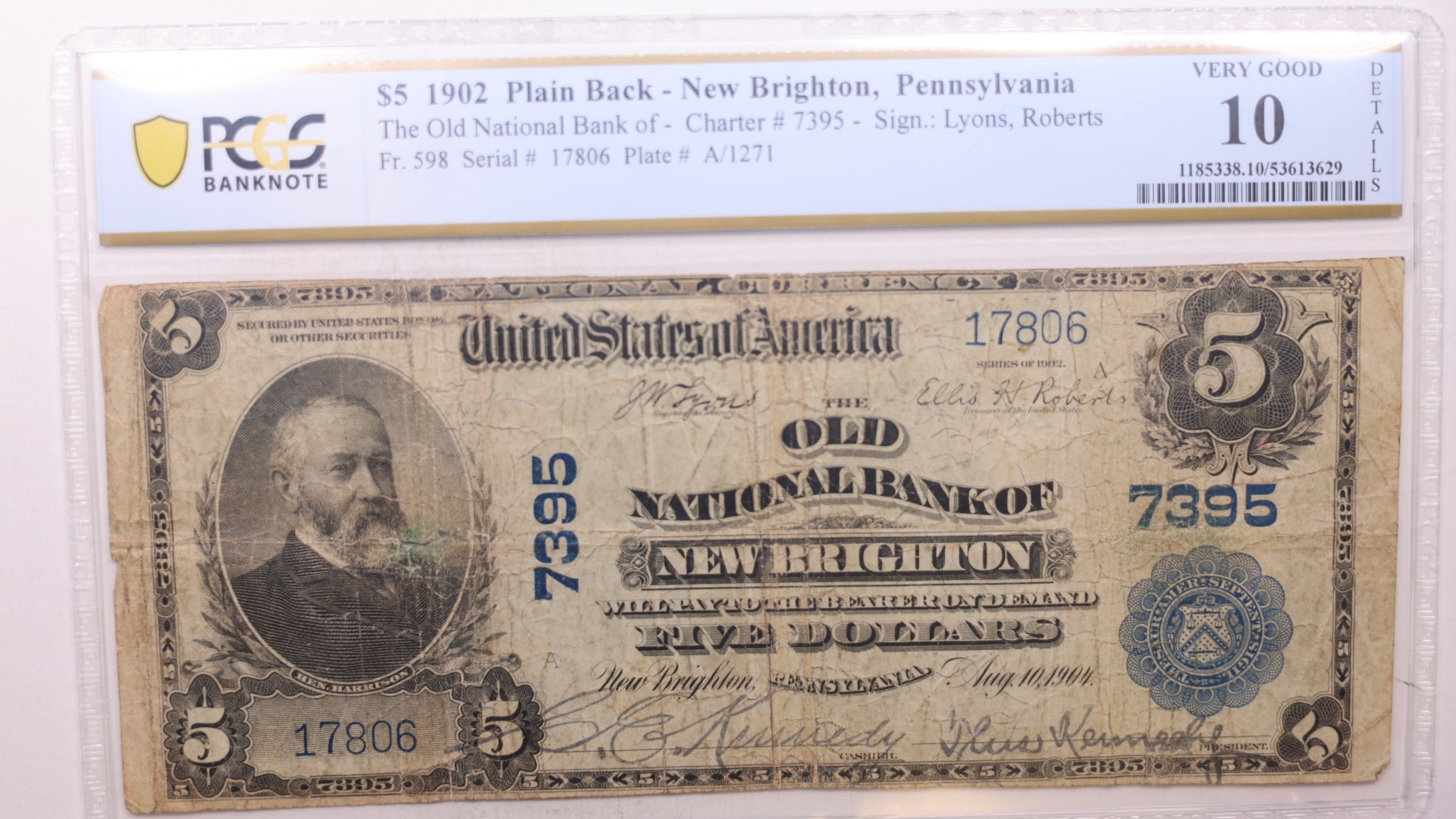 1902 $5, New Brighton, PA, CH# 7395, National Bank Note, PCGS VG-10,  Store #NBN035.