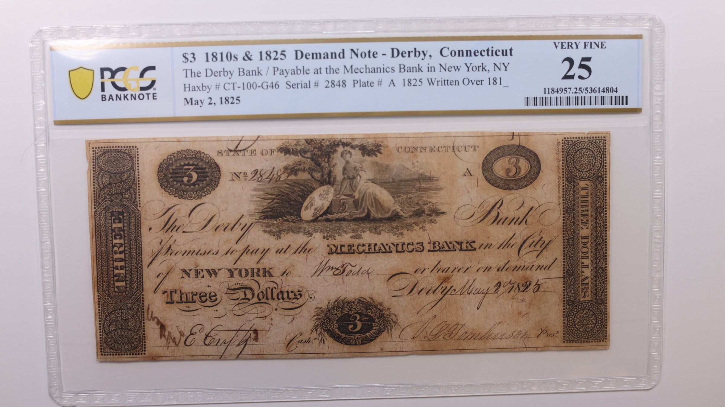 1825 $3, Derby Connecticut, Demand Note, Obsolete, PCGS VF25, Store #GCON004.