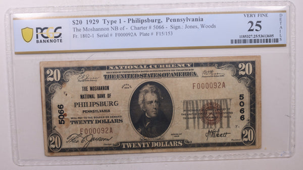 1929 $20, Philipsburg, PA, CH# 5066, National Bank Note, PCGS VF-25, Store #NBN038.