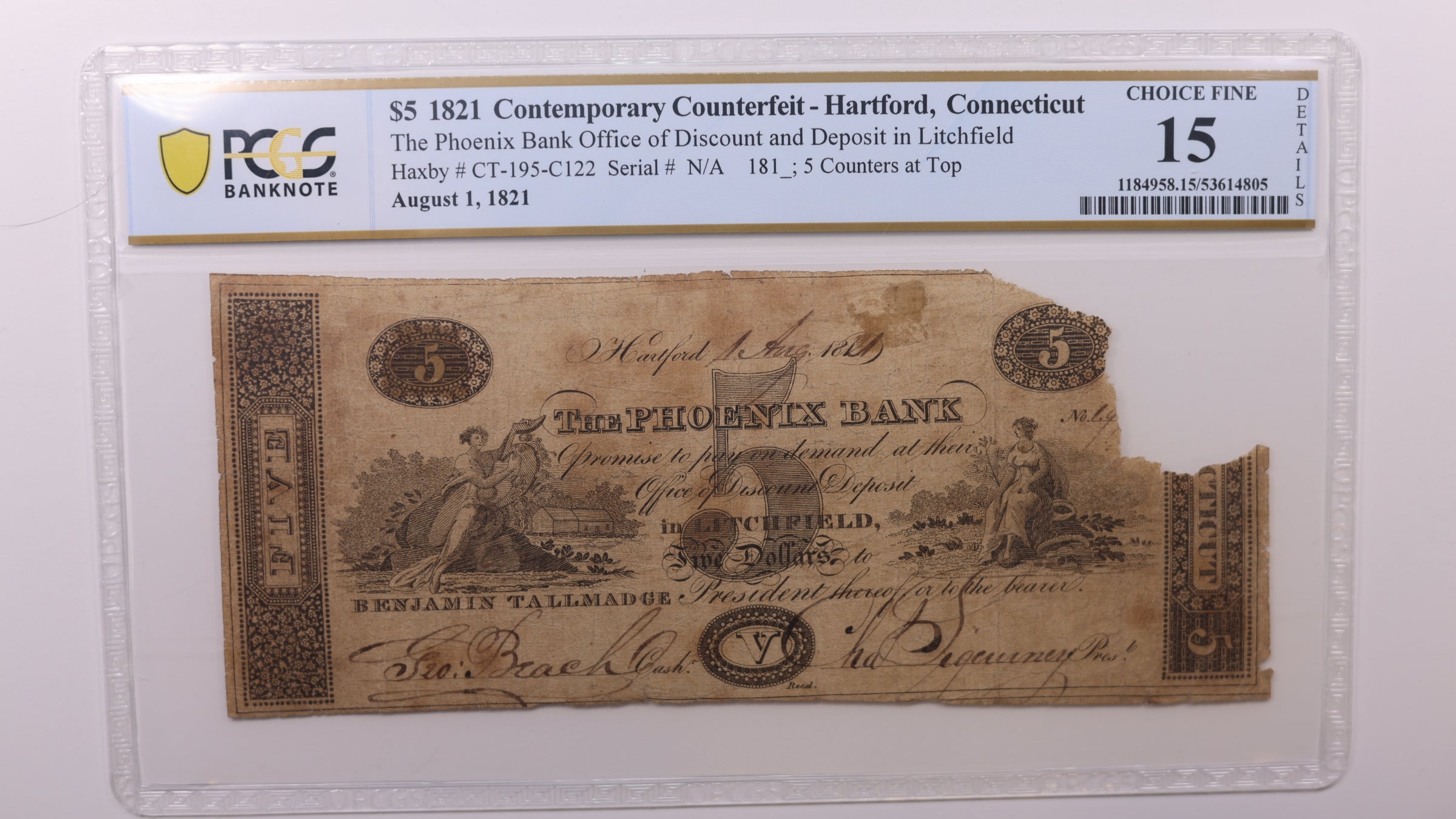 1821 $5, Hartford, Connecticut. Obsolete Currency, PCGS Fine-15, Store #GCON005.
