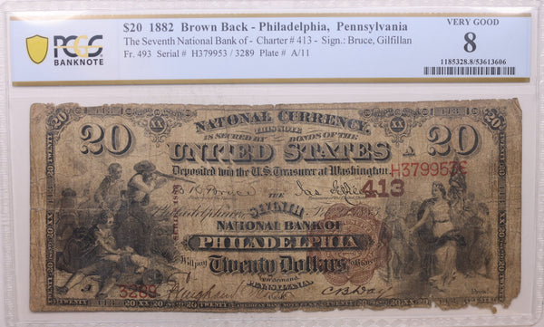 1882 $20, Philadelphia, PA, CH# 413, National Bank Note, PCGS VG-8, Store #NBN041.