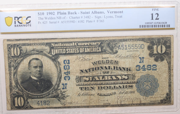 1902 $10, St. Albans, Vermont, CH# 3482, National Bank Note, PCGS F-12, Store #NBN042.