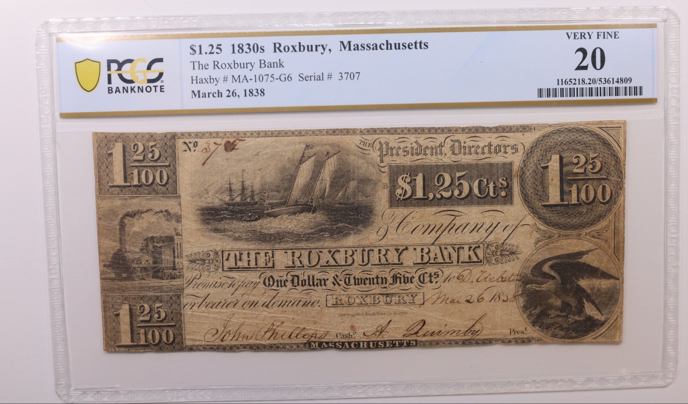 1838 $1.25, Northampton, MA. Obsolete Currency, PCGS VF20, Store #GMA019.