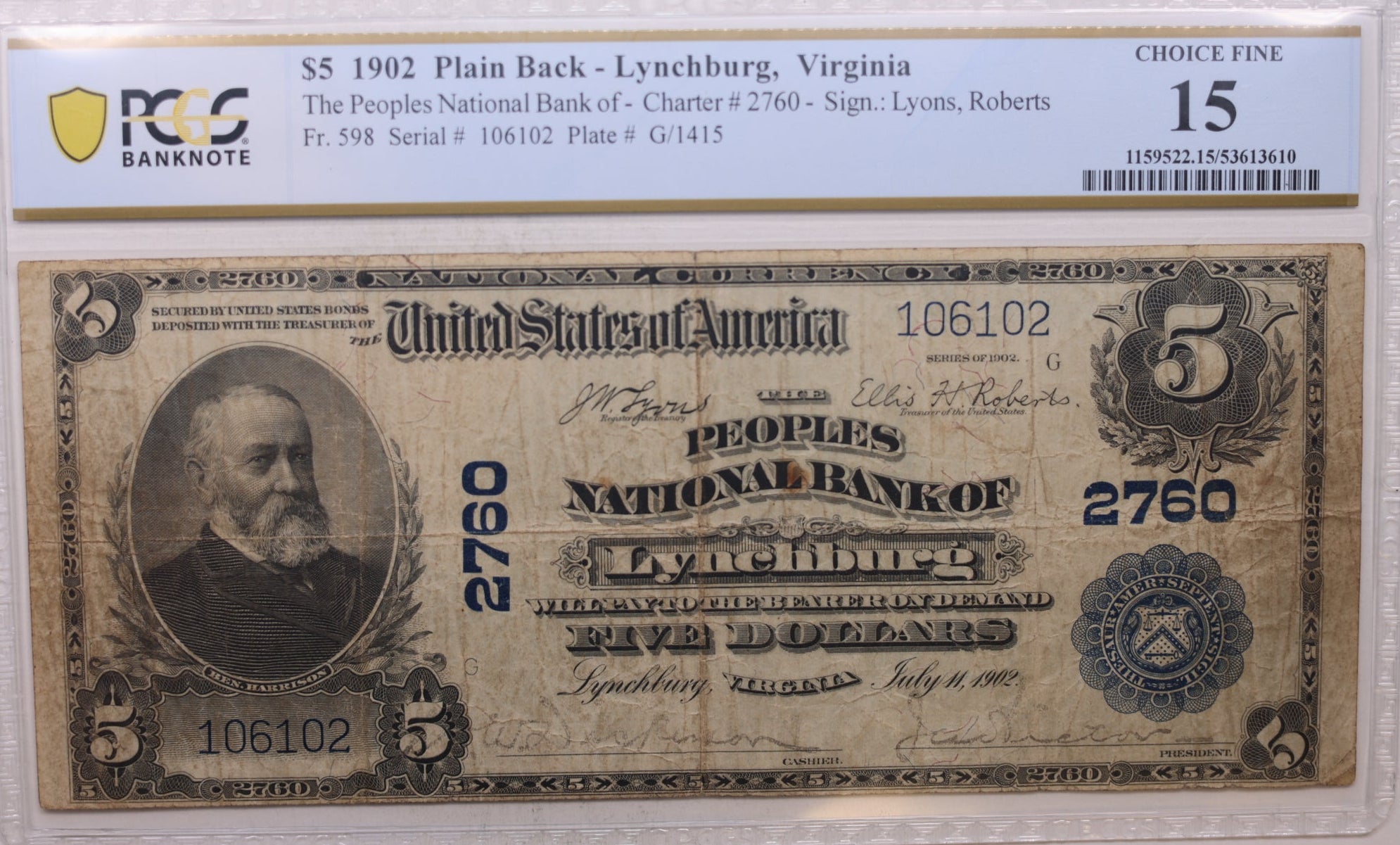 1902 $5, Lynchburg, VA, CH# 2760, National Bank Note, PCGS F-12, Store #NBN043.