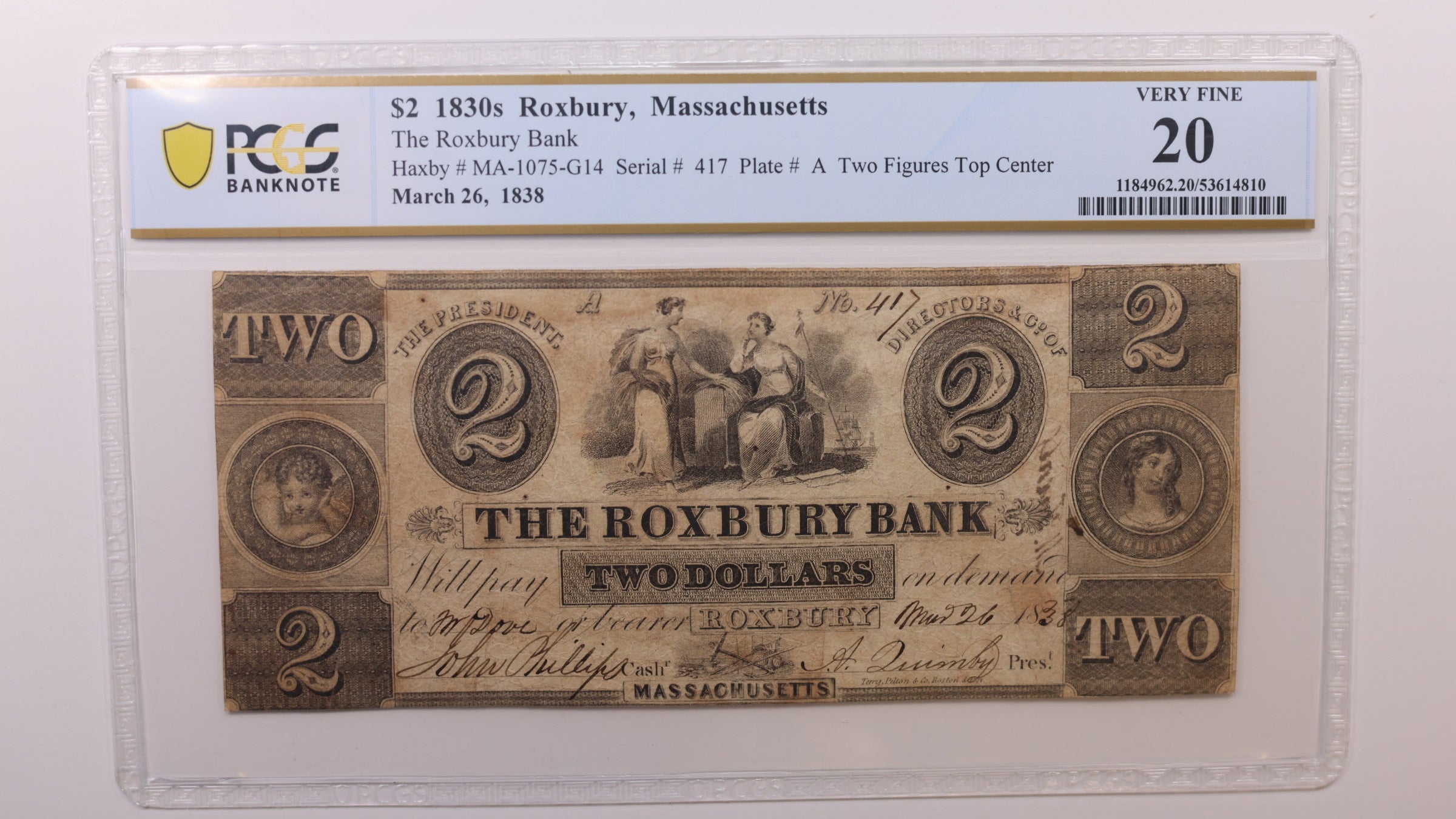 1838 $2, Roxbury, MA. Obsolete Currency, PCGS VF20, Store #GMA020.