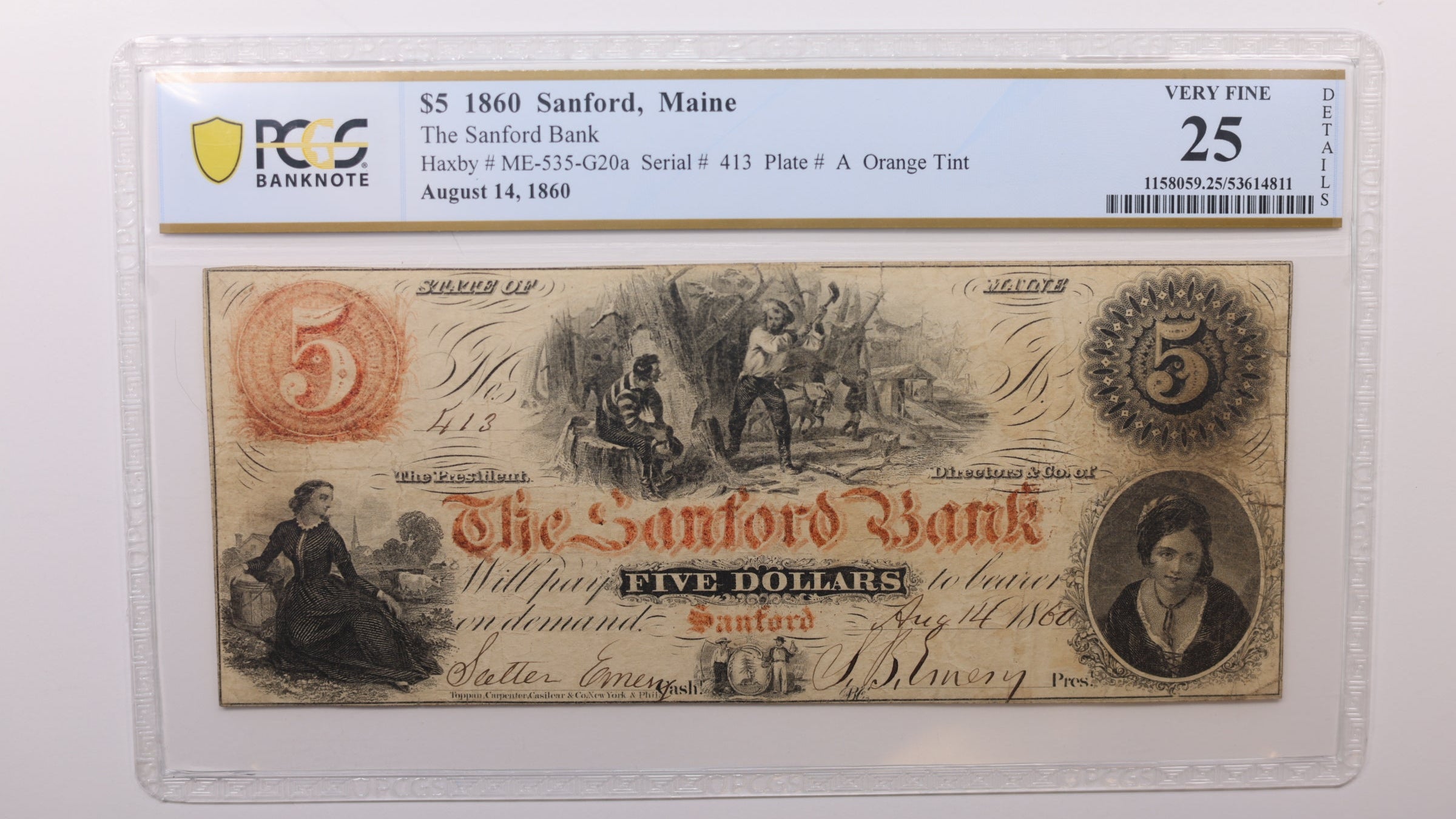 1860 $5, Sanford, Maine., Obsolete Currency., PCGS VF-25., Store #GME004.