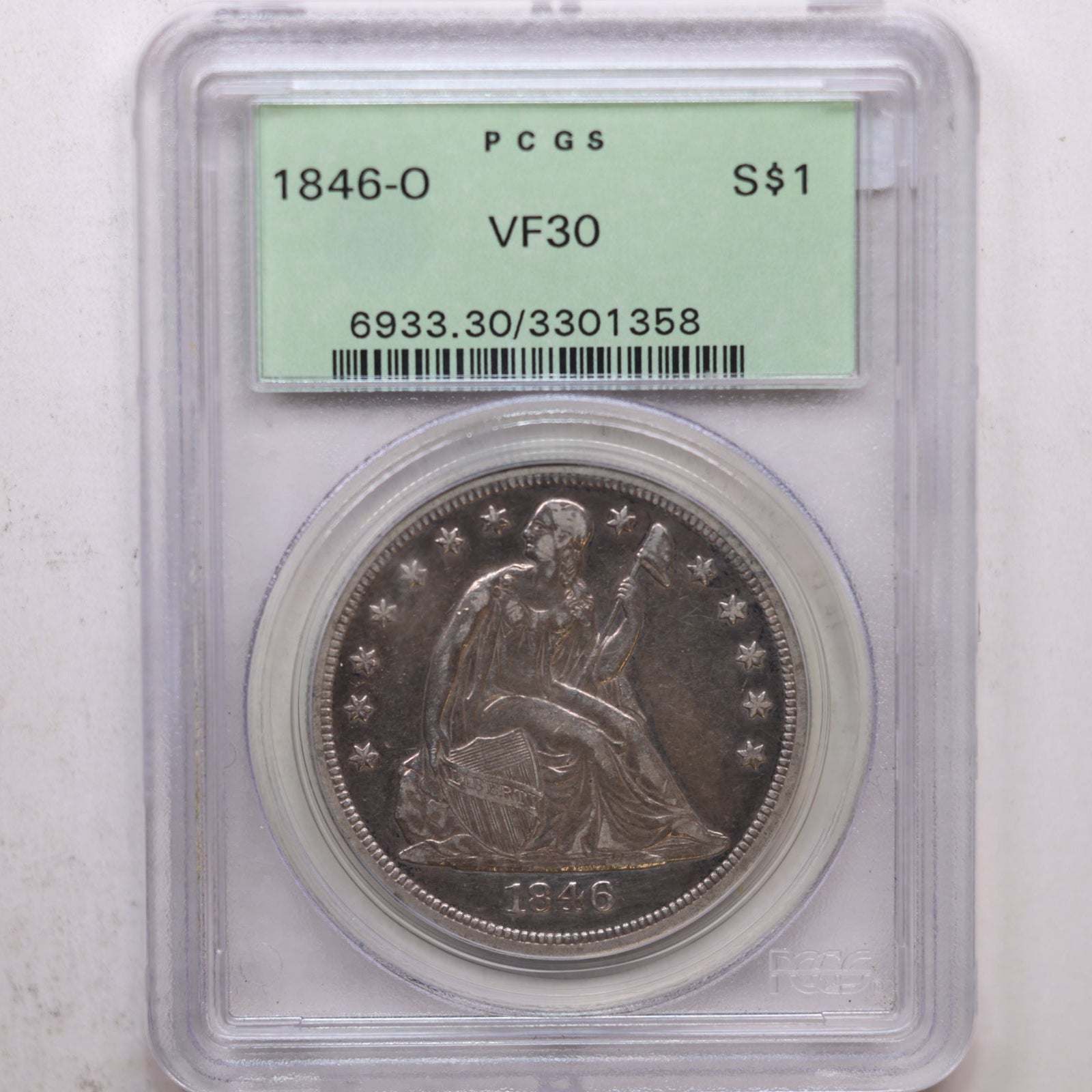 1846-O Seated Liberty Silver Dollar, Circulated, PCGS VF-30, Store #GDR0293.