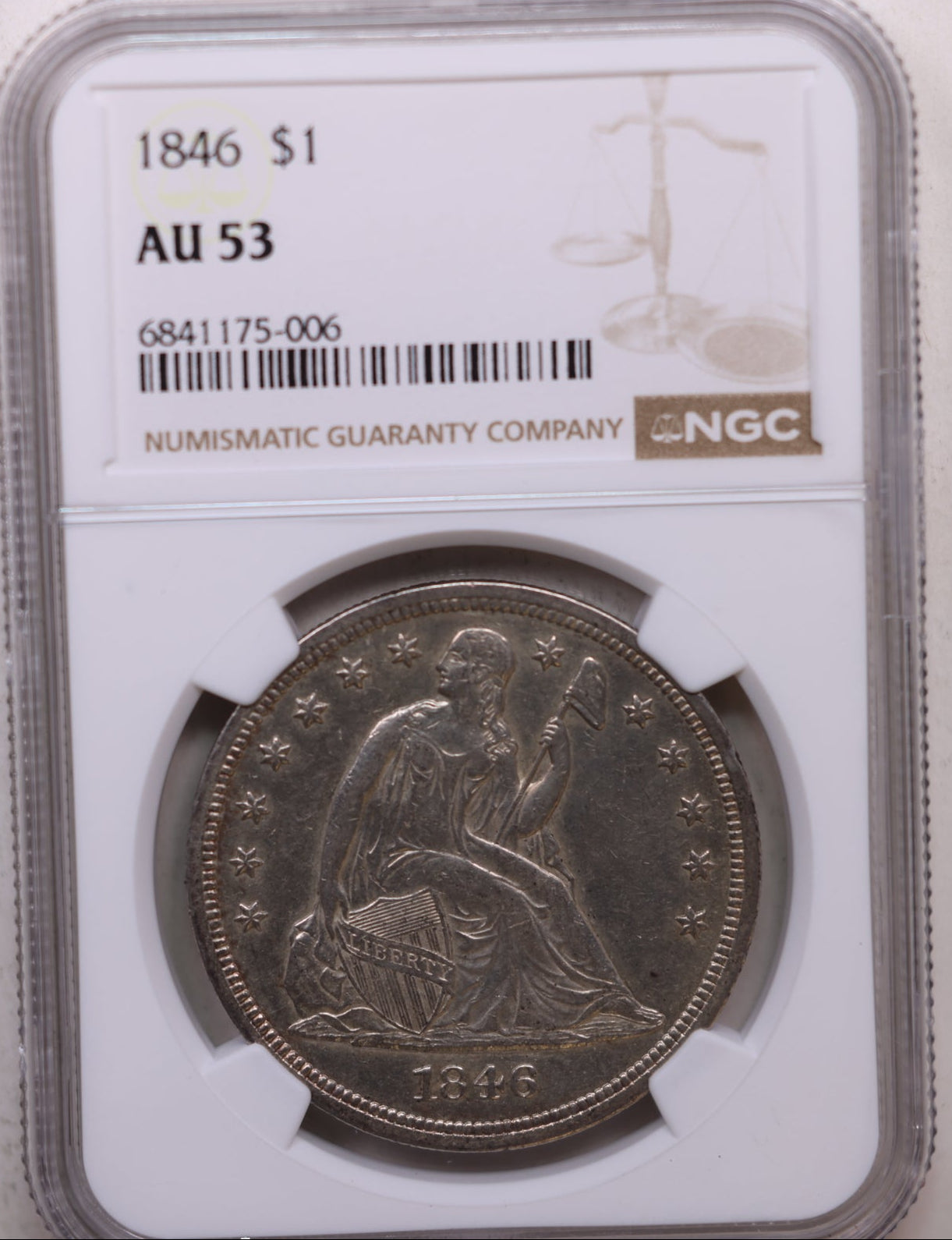 1846 Seated Liberty Silver Dollar, Circulated, NGC AU-53, Store #GDR0294.