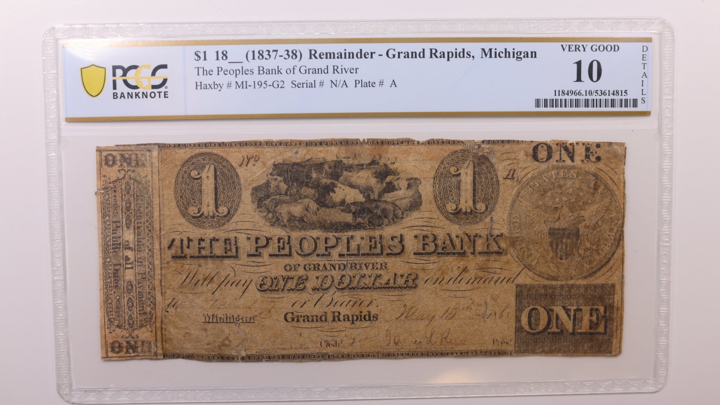 18__ $1, Remainder, Grand Rapids, MI, Obsolete Currency, PCGS VG10, Store #GMI0142.
