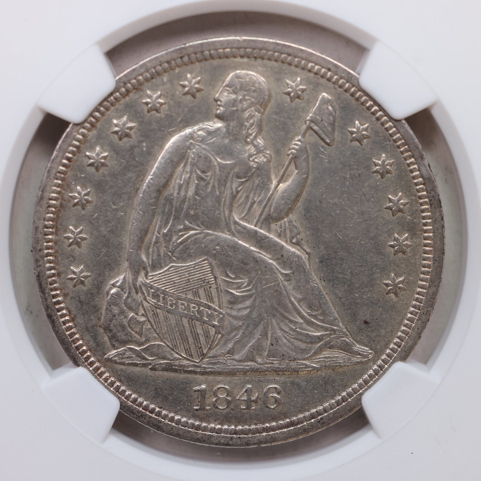 1846 Seated Liberty Silver Dollar, Circulated, NGC AU-53, Store #GDR0294.