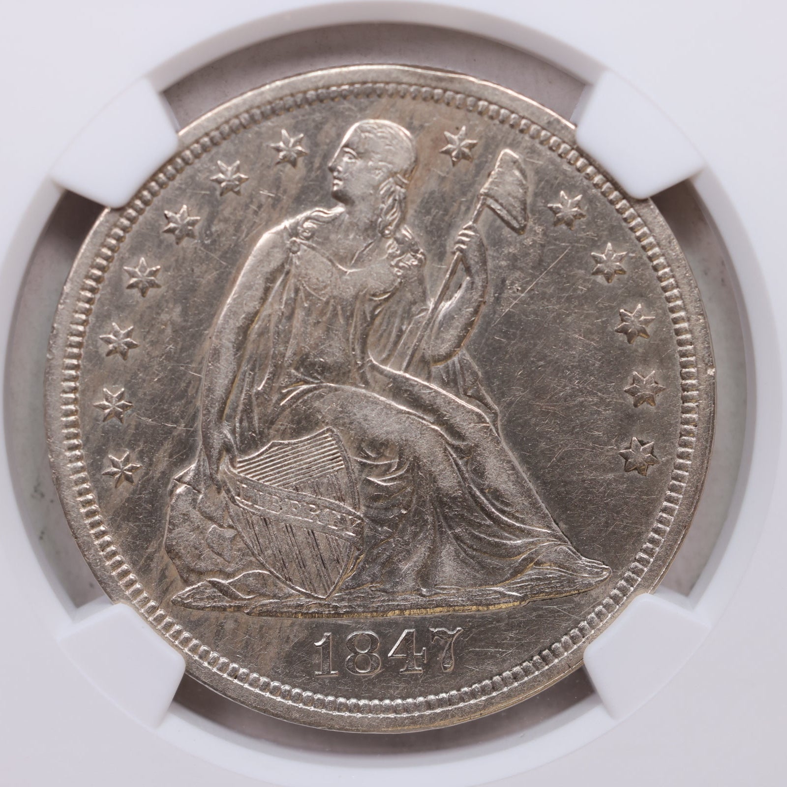 1847 Seated Liberty Silver Dollar, Circulated, NGC AU-53, Store #GDR0295.